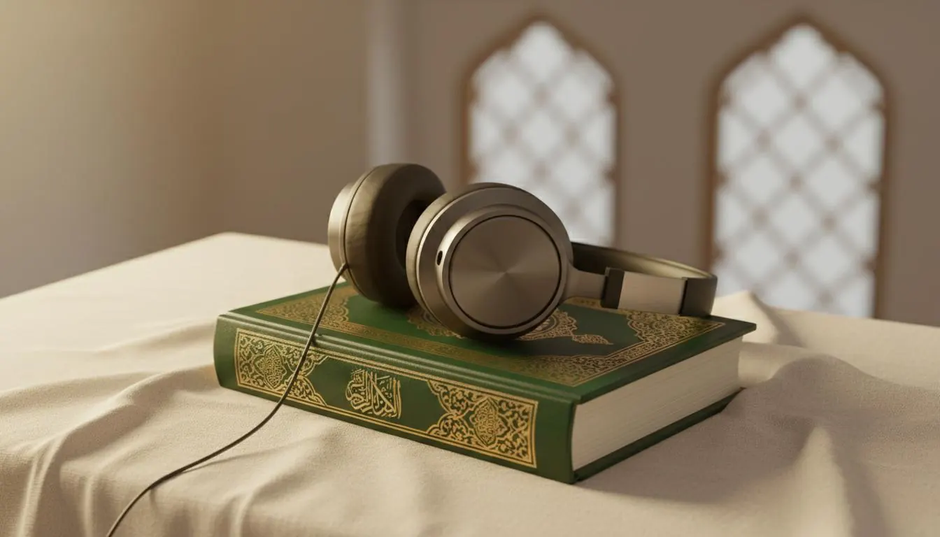 Headphones resting on a Quran