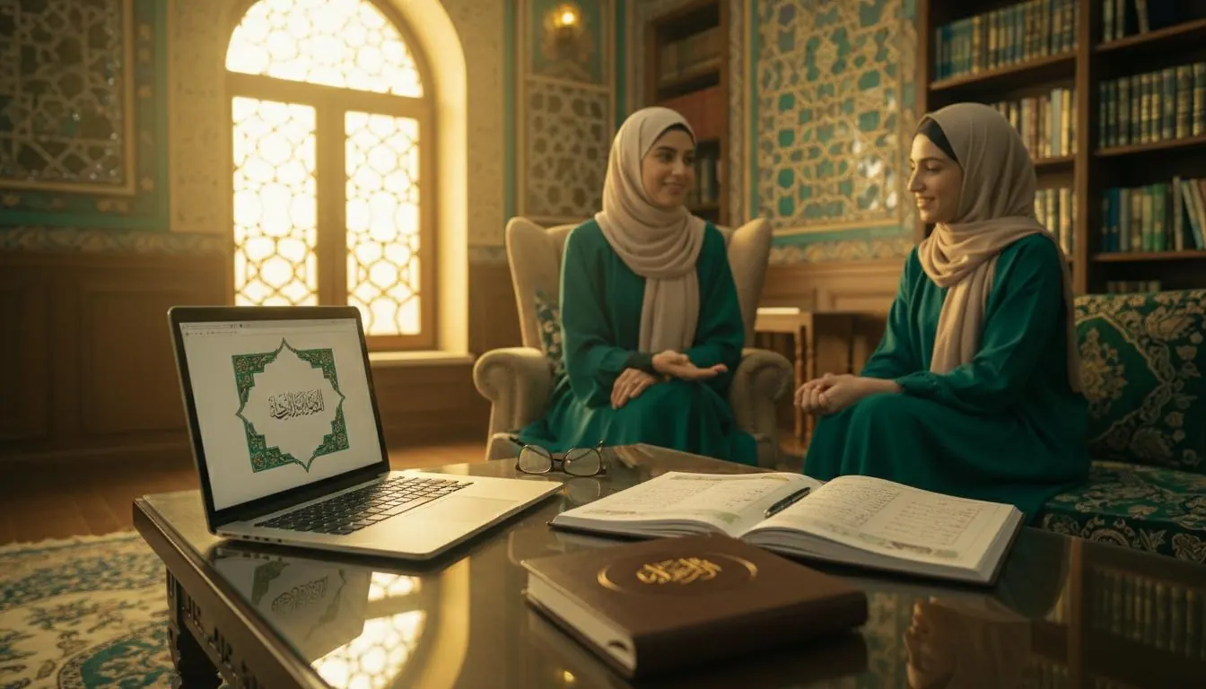 Two women discussing a lesson beside a laptop and an open Quran